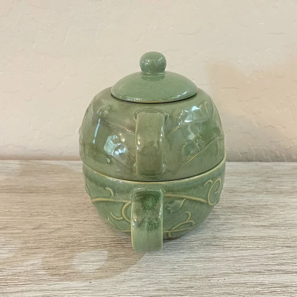 New Pier 1 Teapot Cup Mug 3 Pc Set Green Vine Flower Leaf Stoneware All In One